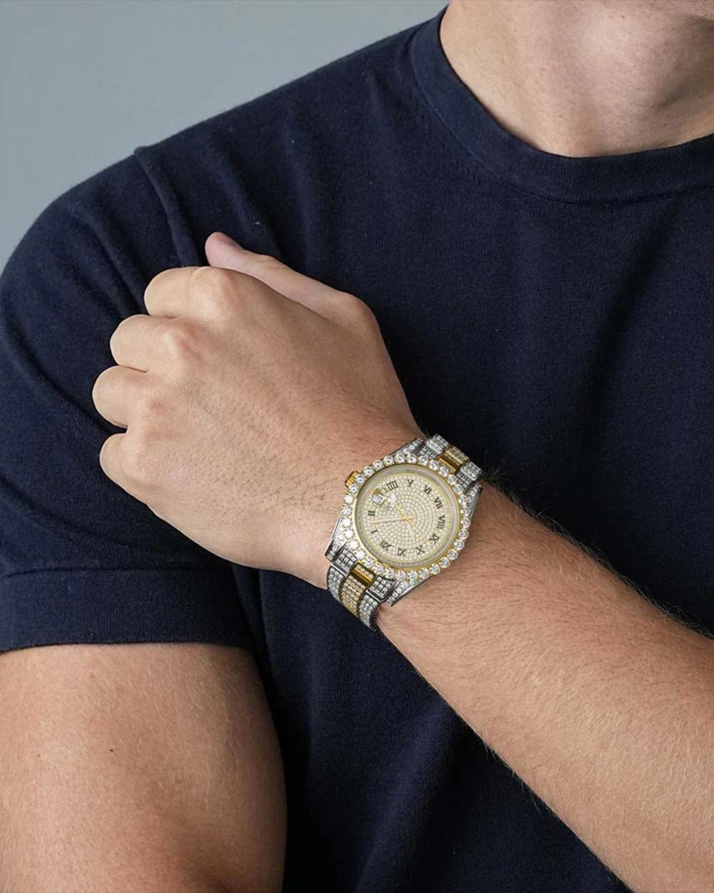 Luxurious Two-Tone Iced-Out VVS Moissanite Watch | Solid Stainless Steel Hip-Hop Timepiece with Roman Numeral Pavé Dial