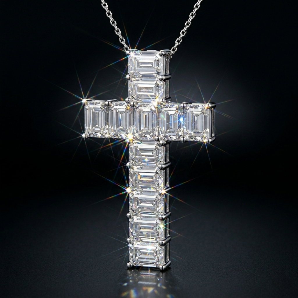 Iced Out Baguette Cross Pendant in 925 Sterling Silver with VVS Moissanite Diamonds