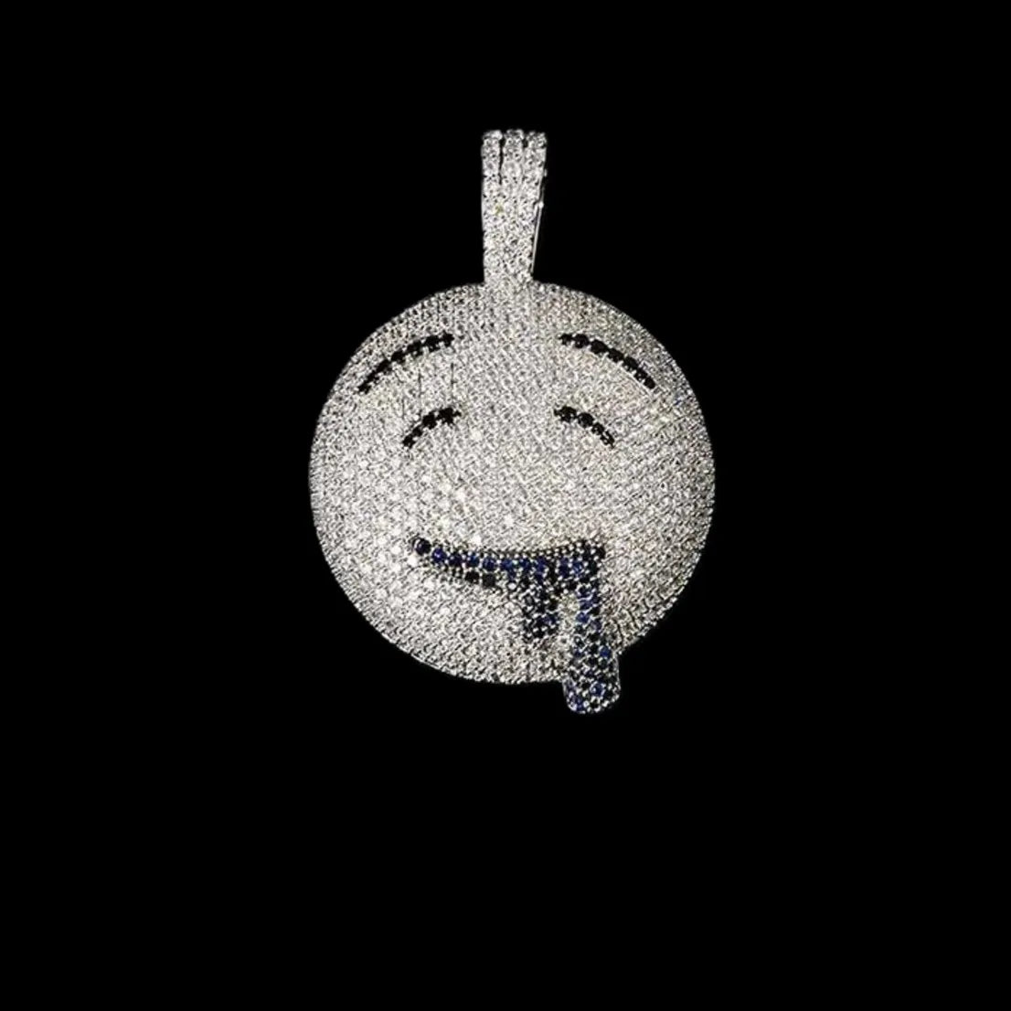 Solid 925 Sterling Silver Iced-Out VVS Moissanite Drooling Emoji Pendant | Ice-Flooded Blue Drip Streetwear Charm