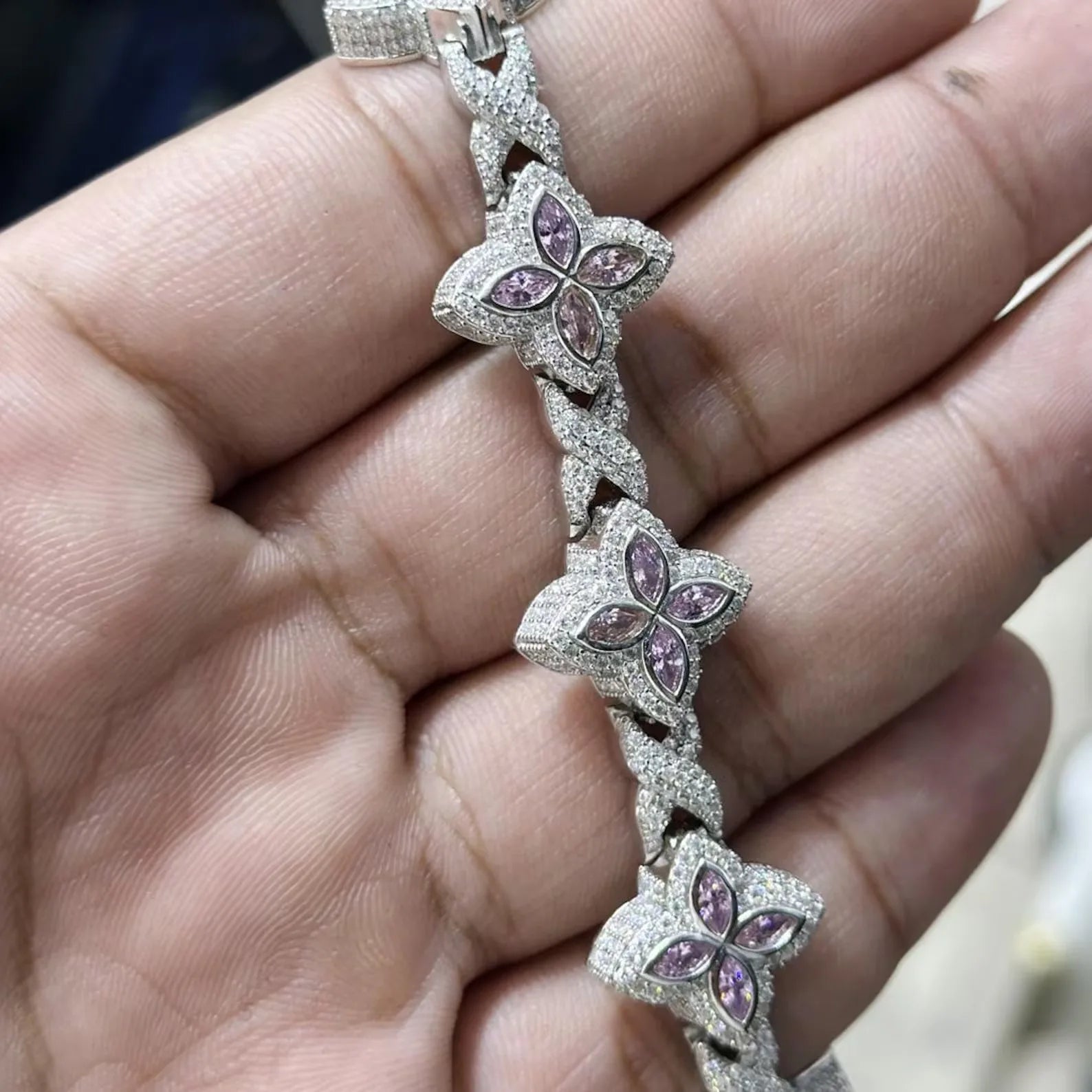 Blue Clover Flower Moissanite Bracelet Iced Out 925 Sterling Silver Link
