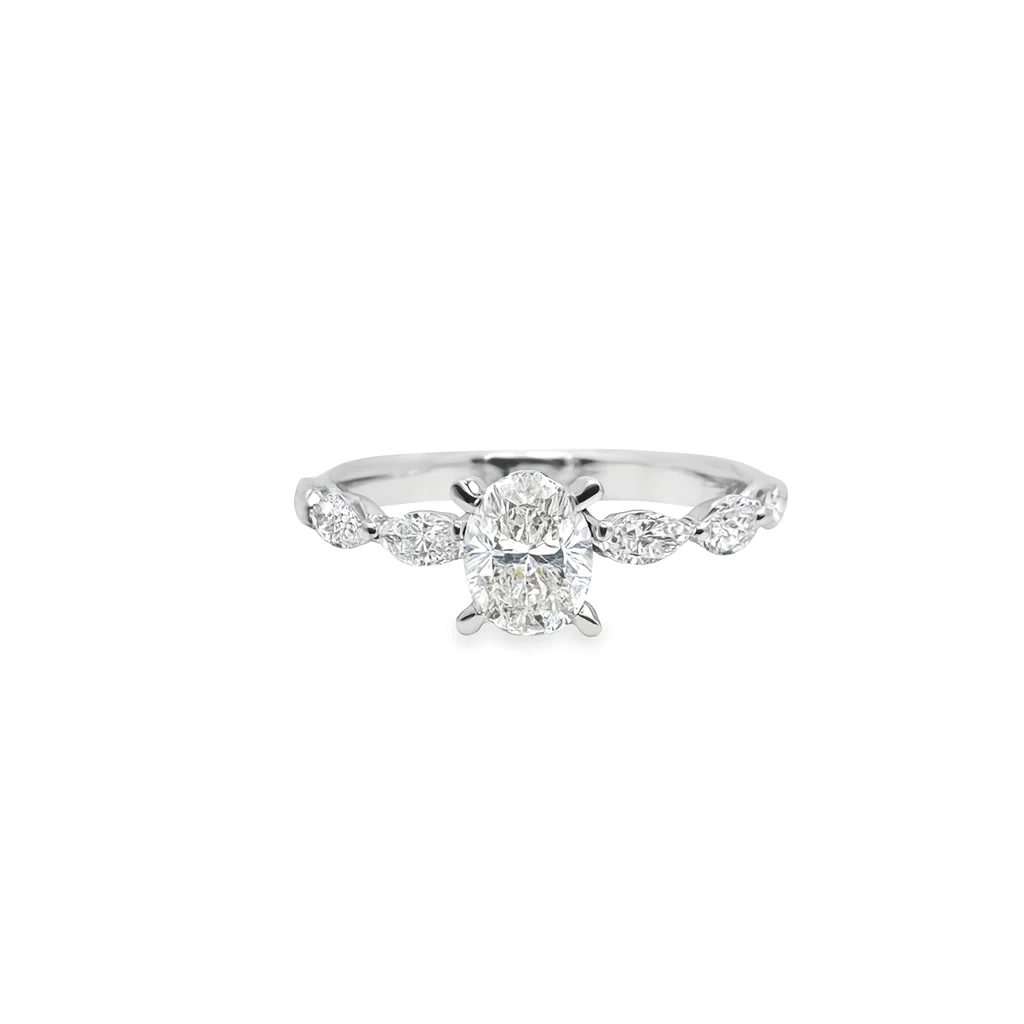 14K White Gold Lab-Diamond Oval Marquise Accent Ring
