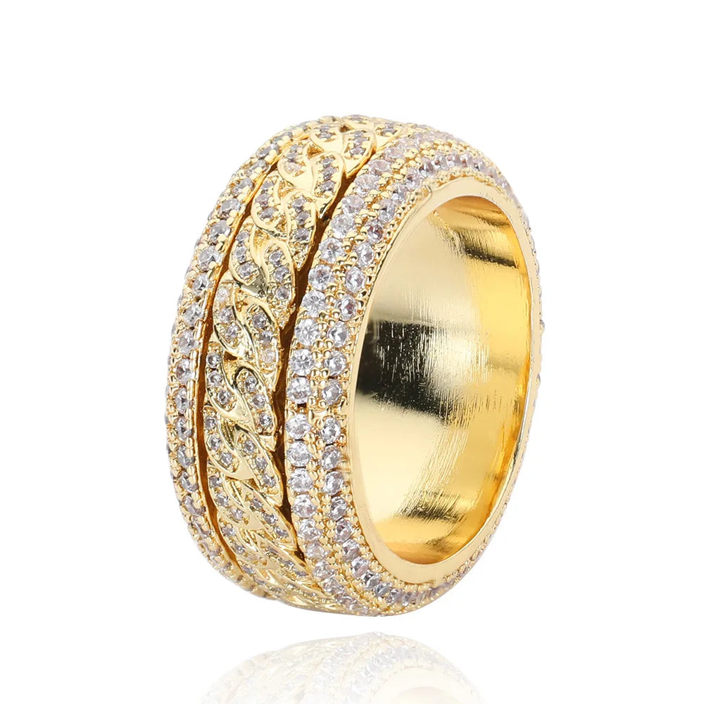VVS Moissanite Spinner Ring 925 Sterling Silver Yellow Vermeil Iced Out Cuban Link Band