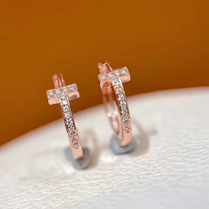 Iced Out Cross Huggie Hoop Earrings 14K Rose Gold Lab Grown Diamonds Hip Hop Loops