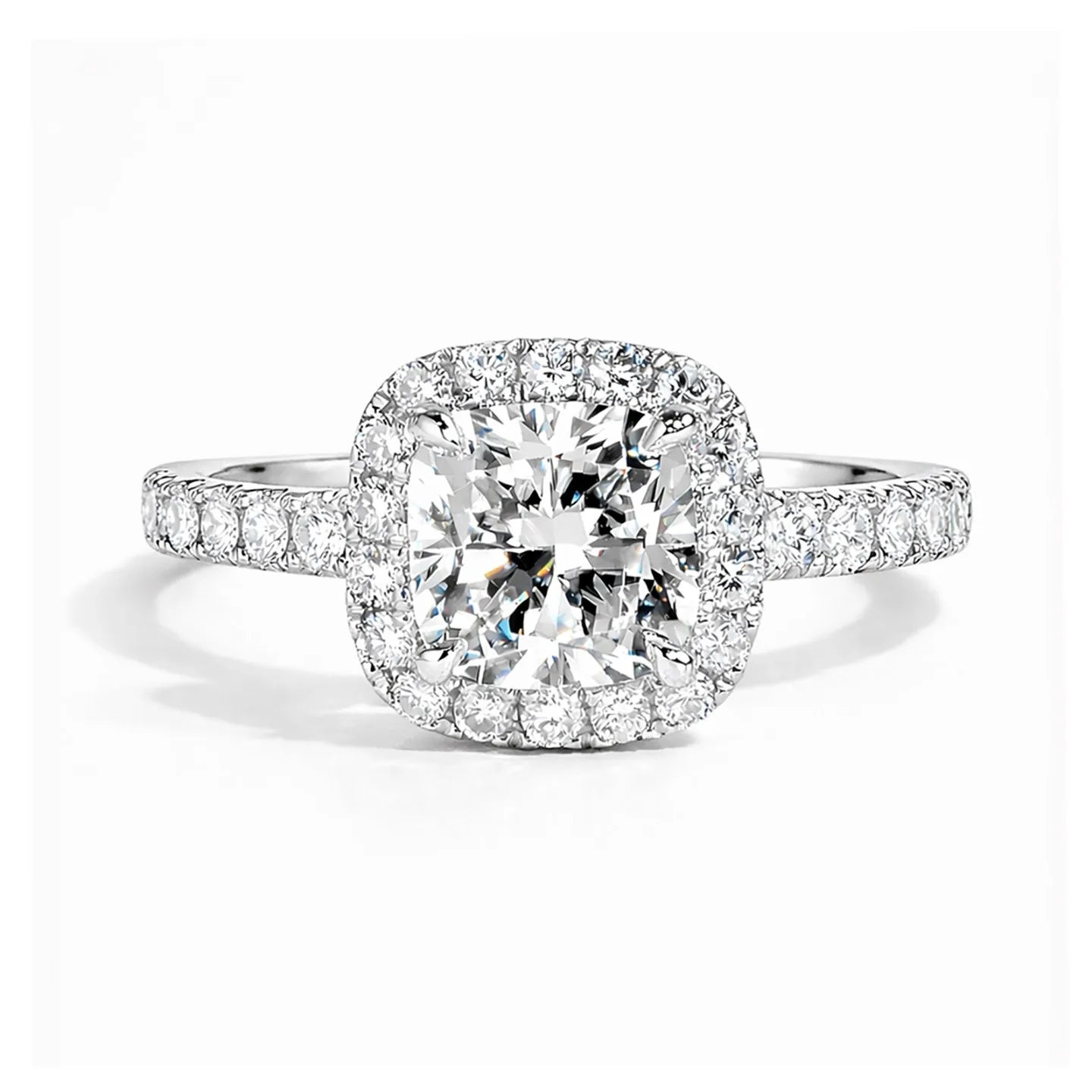 Luxurious Cushion-Cut Moissanite Halo Engagement Ring | 925 Sterling Silver Pavé Bridal Band