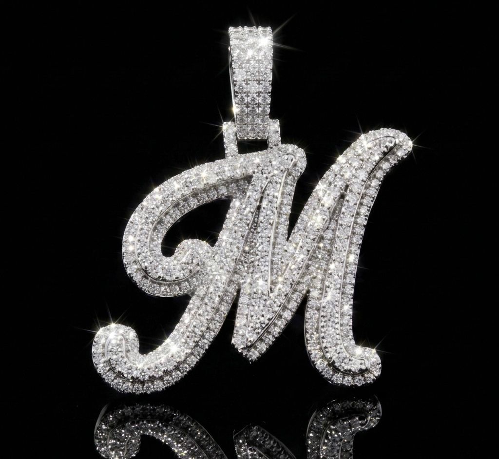 Custom Cursive Initial Letter M Pendant VVS Moissanite Iced Out 925 Silver