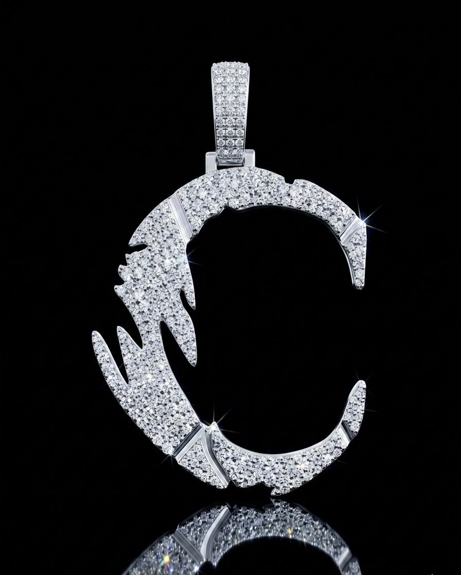 Custom Distressed Letter C Pendant VVS Moissanite Iced Out 925 Silver