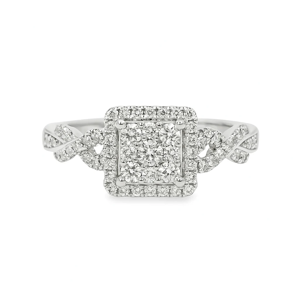 14K White Gold 0.50-Carat Quad Square Cluster Twisted Halo Ring