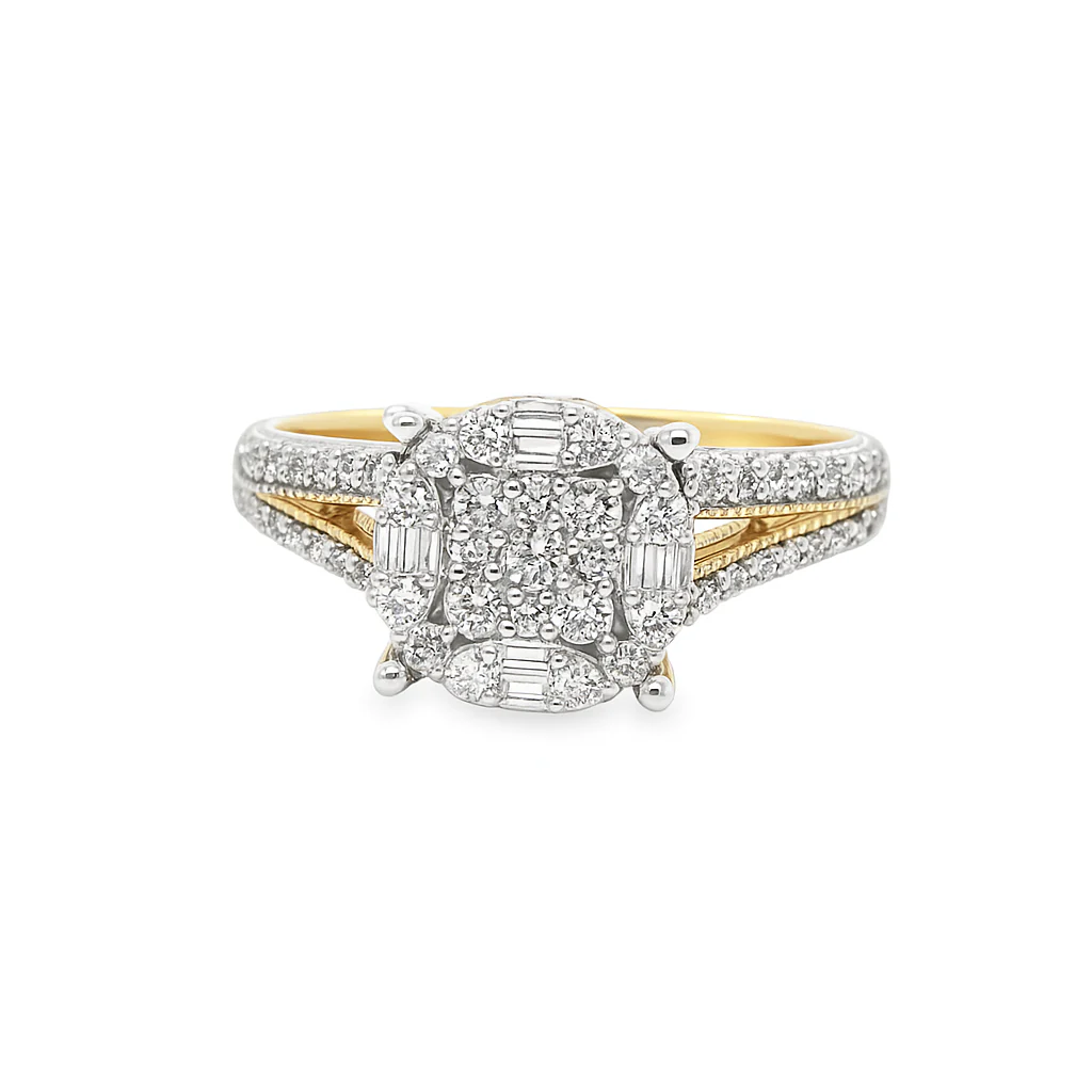 14K Gold 0.50-Carat Round and Baguette Cushion Cluster Split-Shank Ring