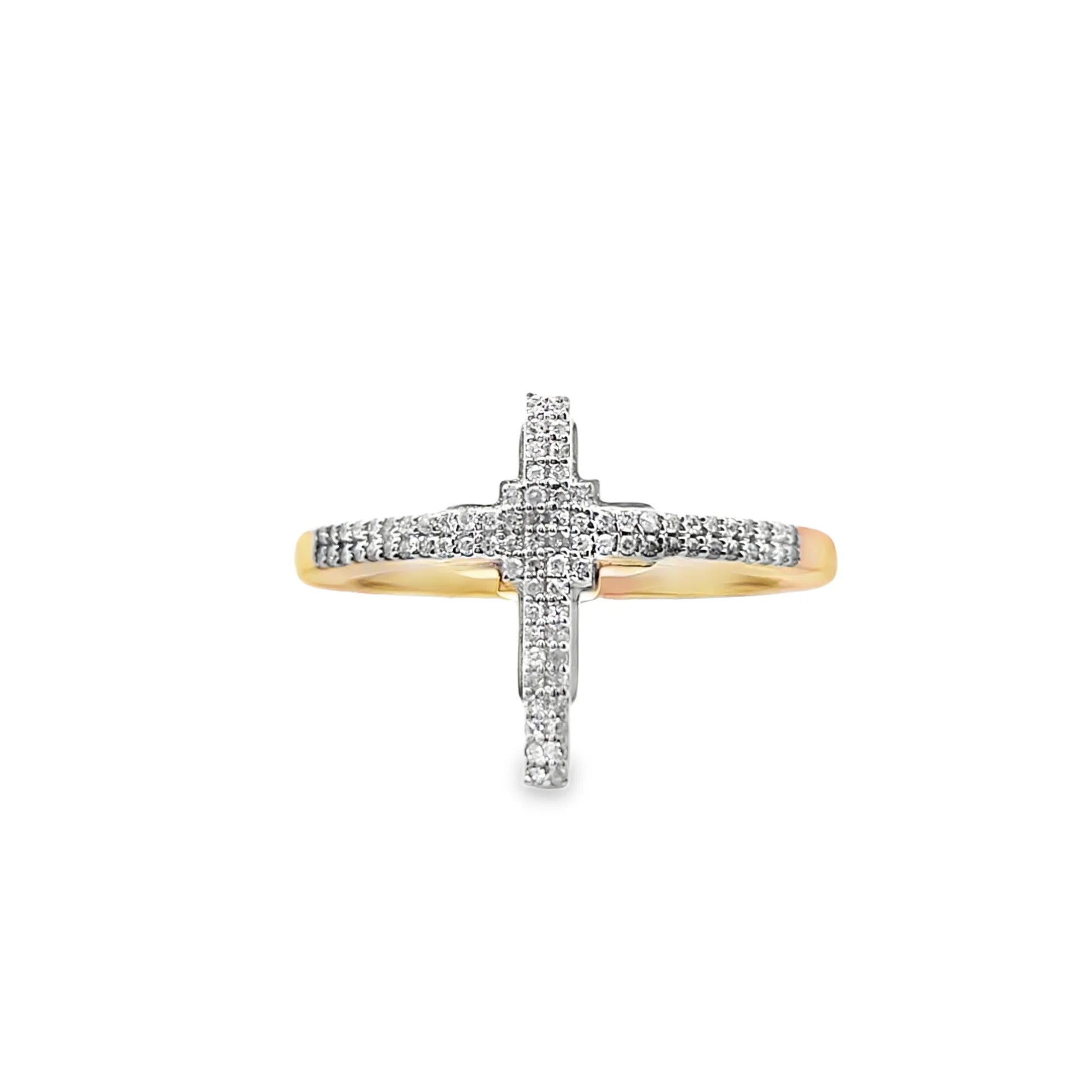 14K Yellow Gold Lab-Grown Diamond Layered Cross Ring | Minimalist Split-Shank Pavé Religious Promise Band