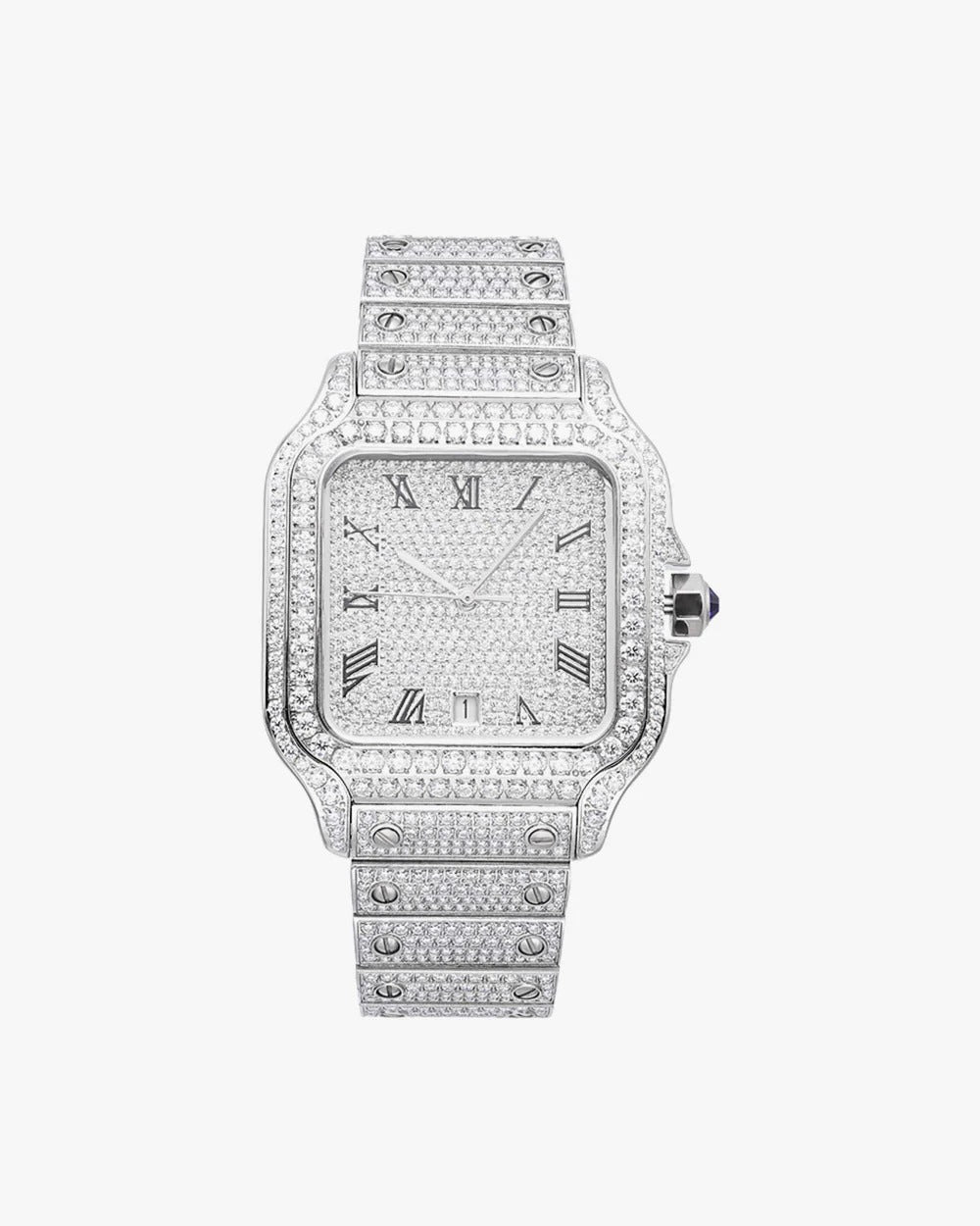 Premium 41mm Iced-Out VVS Moissanite Square Watch | Solid Stainless Steel Hip-Hop Timepiece with Roman Numeral Pavé Dial