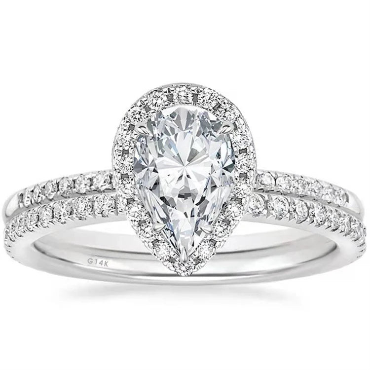 Timeless Pear-Cut Moissanite Halo Bridal Set | 925 Sterling Silver Pavé Ring with Matching Band