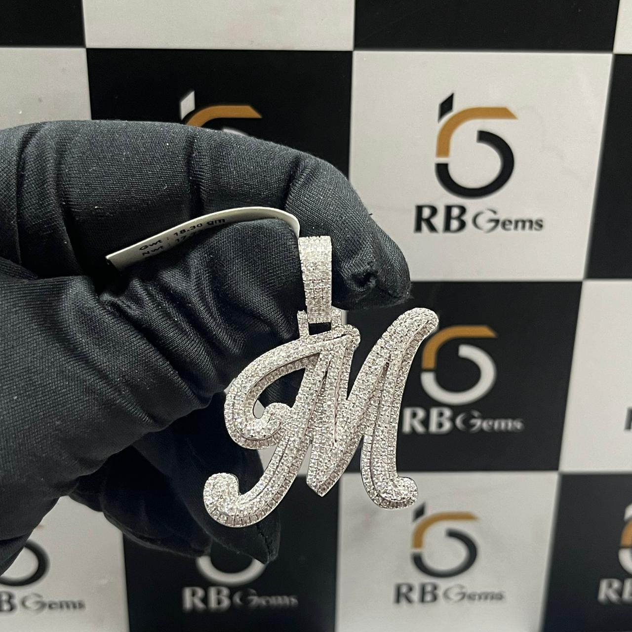 Custom Cursive Initial Letter M Pendant VVS Moissanite Iced Out 925 Silver