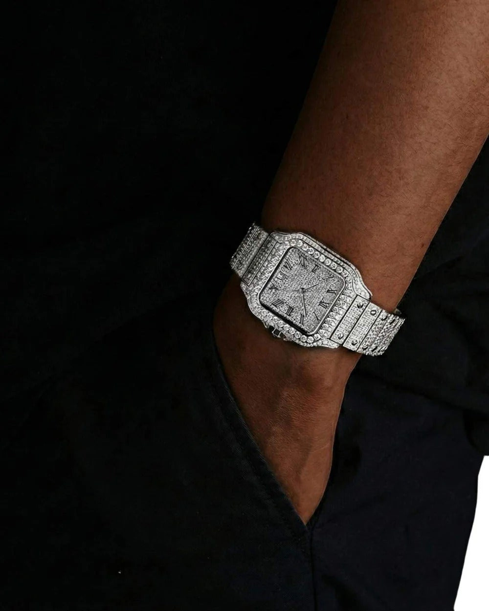 Premium 41mm Iced-Out VVS Moissanite Square Watch | Solid Stainless Steel Hip-Hop Timepiece with Roman Numeral Pavé Dial