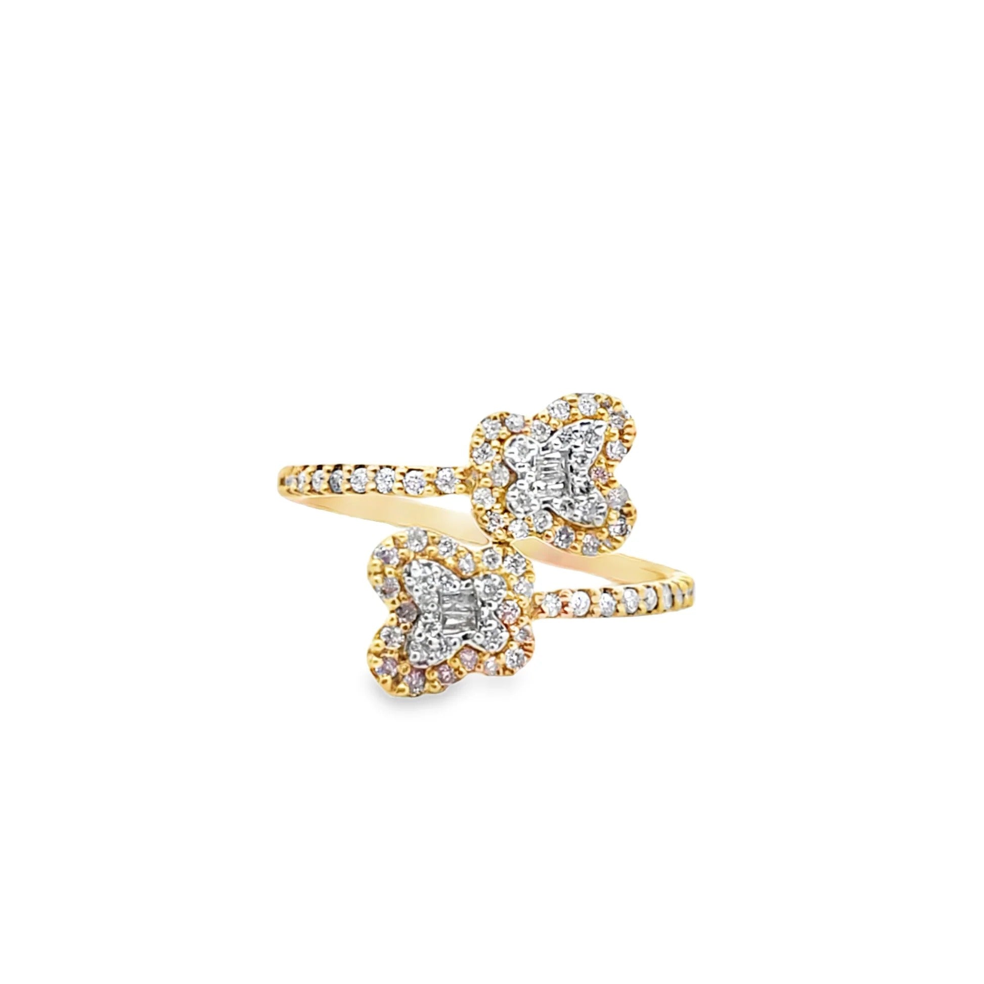 14K Yellow Gold Lab-Grown Diamond Dual Butterfly Bypass Ring | Pavé Open Wrap Toi et Moi Style Statement Band