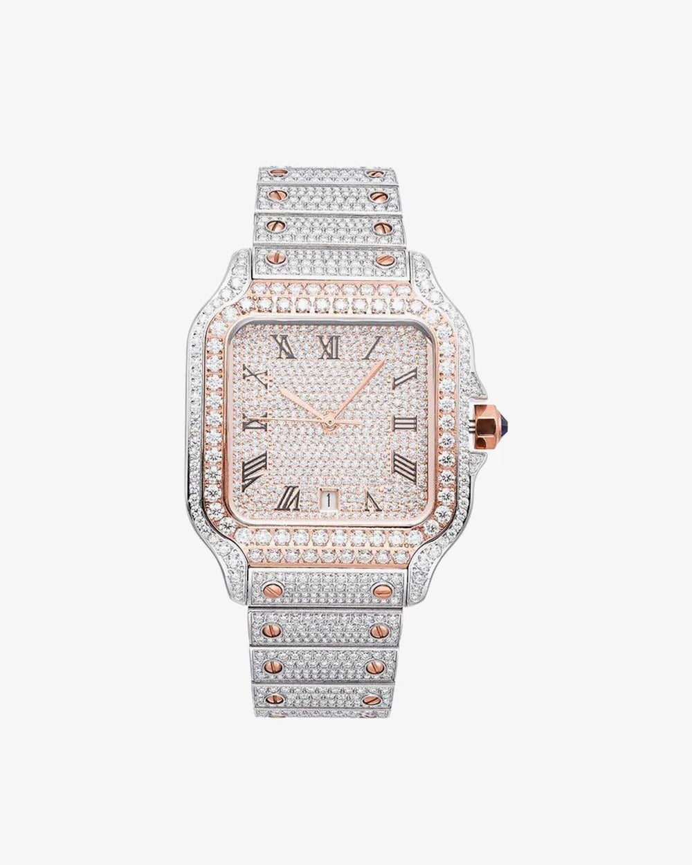 41mm Two-Tone Iced-Out VVS Moissanite Square Watch | Rose Gold Accent Stainless Steel Hip-Hop Timepiece