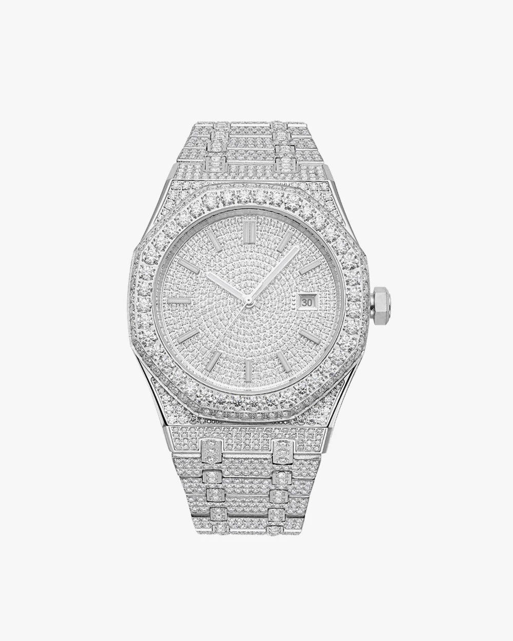 Luxurious Silver Iced-Out VVS Moissanite Octagonal Watch | Solid Stainless Steel Hip-Hop Timepiece with Fully Flooded Pavé Dial