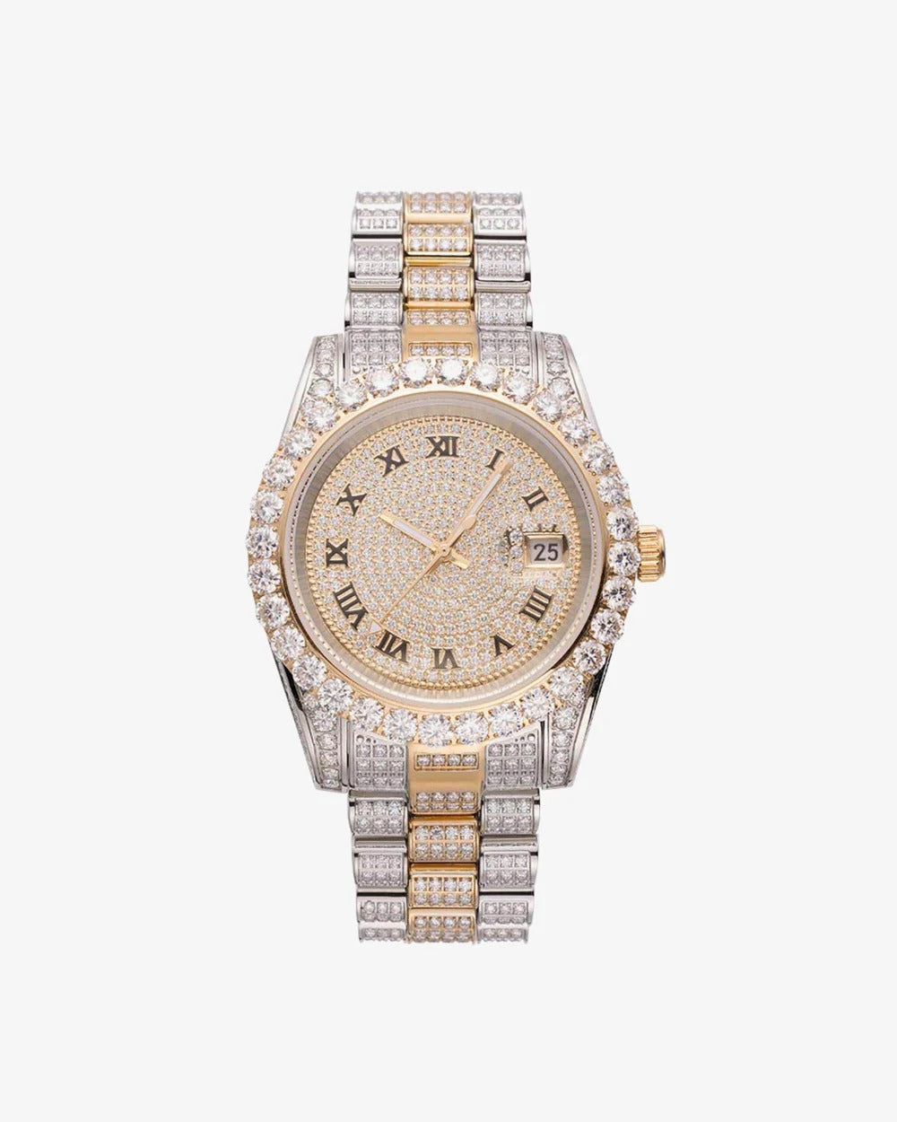 41mm Two-Tone Iced-Out VVS Moissanite Watch | Solid Stainless Steel Hip-Hop Timepiece with Roman Numeral Pavé Dial