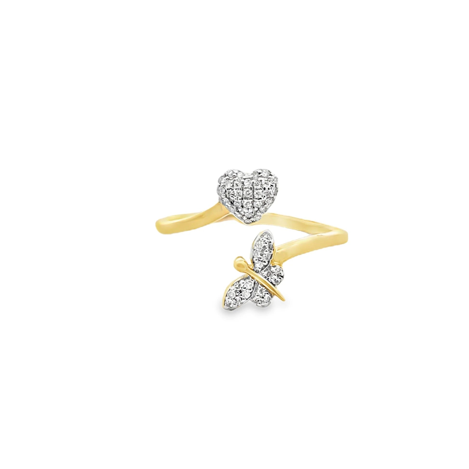 14K Yellow Gold Lab-Grown Diamond Butterfly and Heart Open Bypass Ring | Minimalist Floating Charm Toi et Moi Style Promise Ring