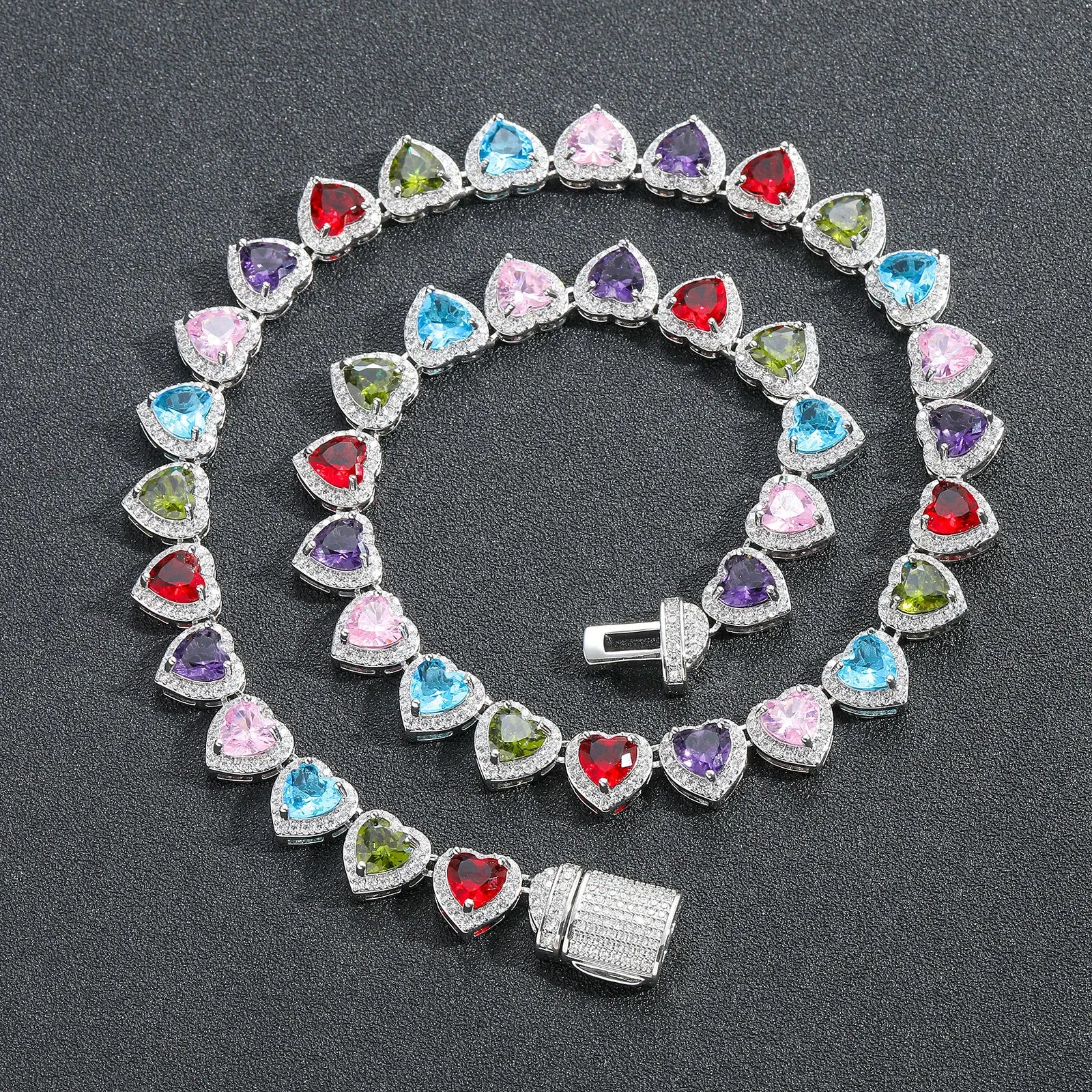 Solid 925 Sterling Silver Iced-Out VVS Lab-Grown Multicolor Heart Tennis Chain | Vibrant Hip-Hop Candy Drip Link Layout