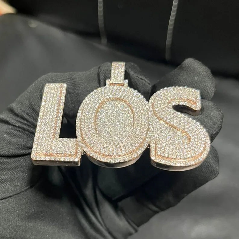 925 Sterling Silver Rose-Gold Tone Iced-Out VVS Moissanite LOS Custom Letter Pendant | Block Nameplate Hip-Hop Charm