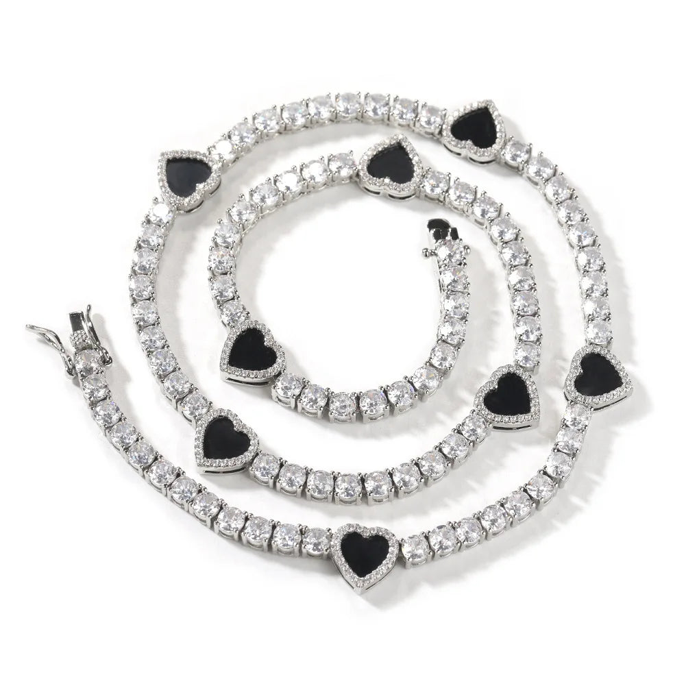VVS Moissanite Black Onyx Heart Tennis Chain 925 Sterling Silver Iced Out 14K Gold Finish Hip Hop Necklace