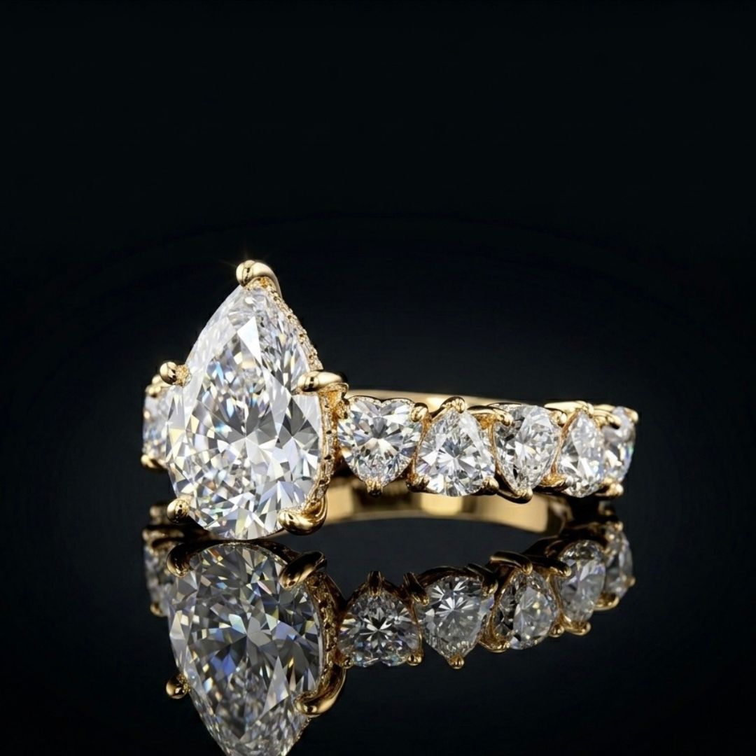 Pear Cut Moissanite Engagement Ring Heart Shaped Band VVS Diamond 14K GOLD