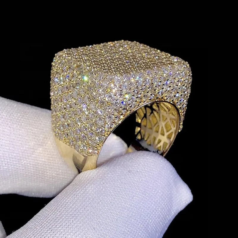 VVS Moissanite Iced Out Square Ring 925 Sterling Silver Flooded Pave Statement Band