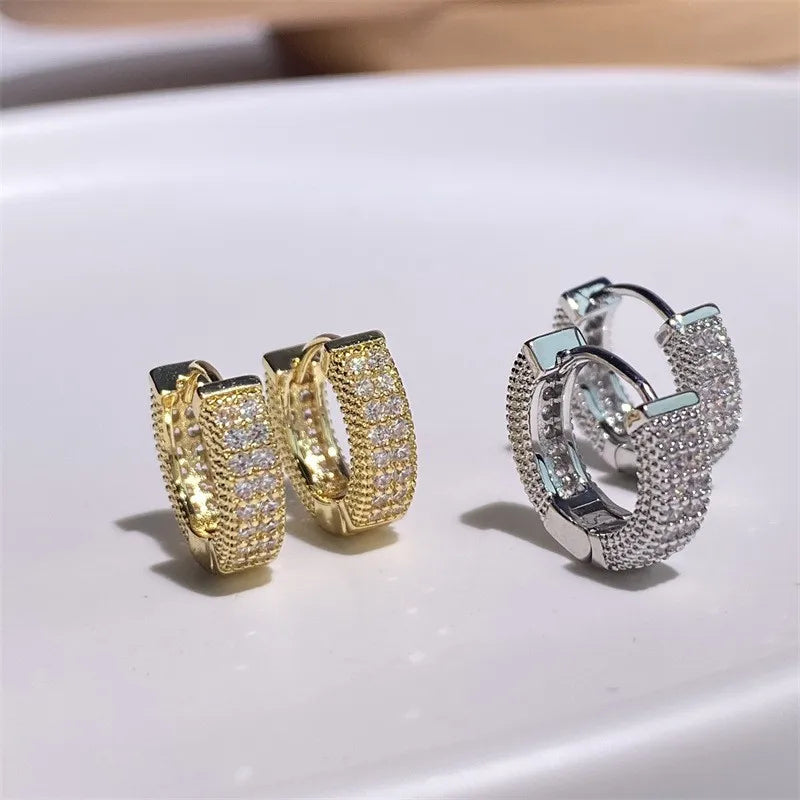Iced Out Multi Row Huggie Hoop Earrings 14K Gold Lab Grown Diamonds Hip Hop Huggies
