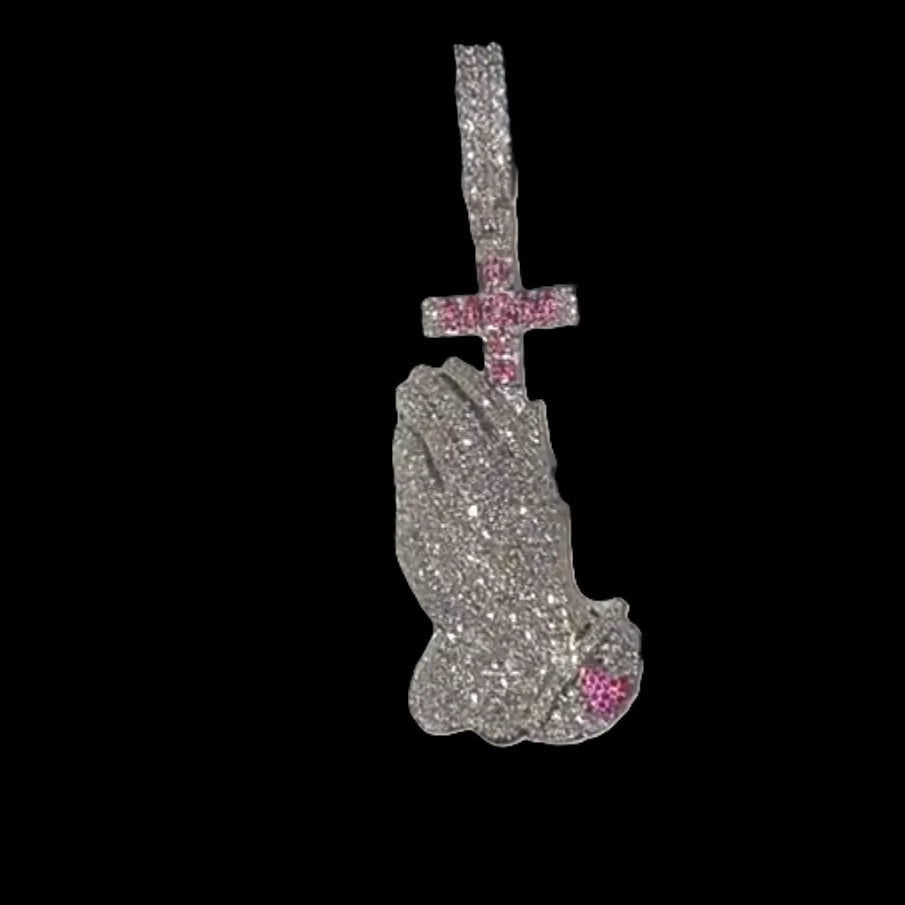Solid 925 Sterling Silver Iced-Out VVS Moissanite Praying Hands Pendant | Pink Accent Hip-Hop Cross Charm