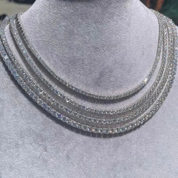 Iced Out Round Cut Moissanite Tennis Chain Necklace 925 Sterling Silver Single Row Choker