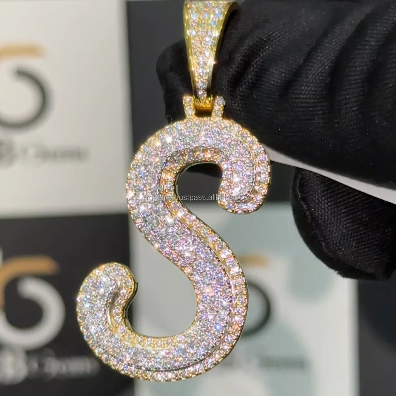 925 Sterling Silver Gold-Tone Iced-Out Lab-Grown Diamond Varsity Letter A-Z Pendant | Custom Cursive Initial Hip-Hop Charm