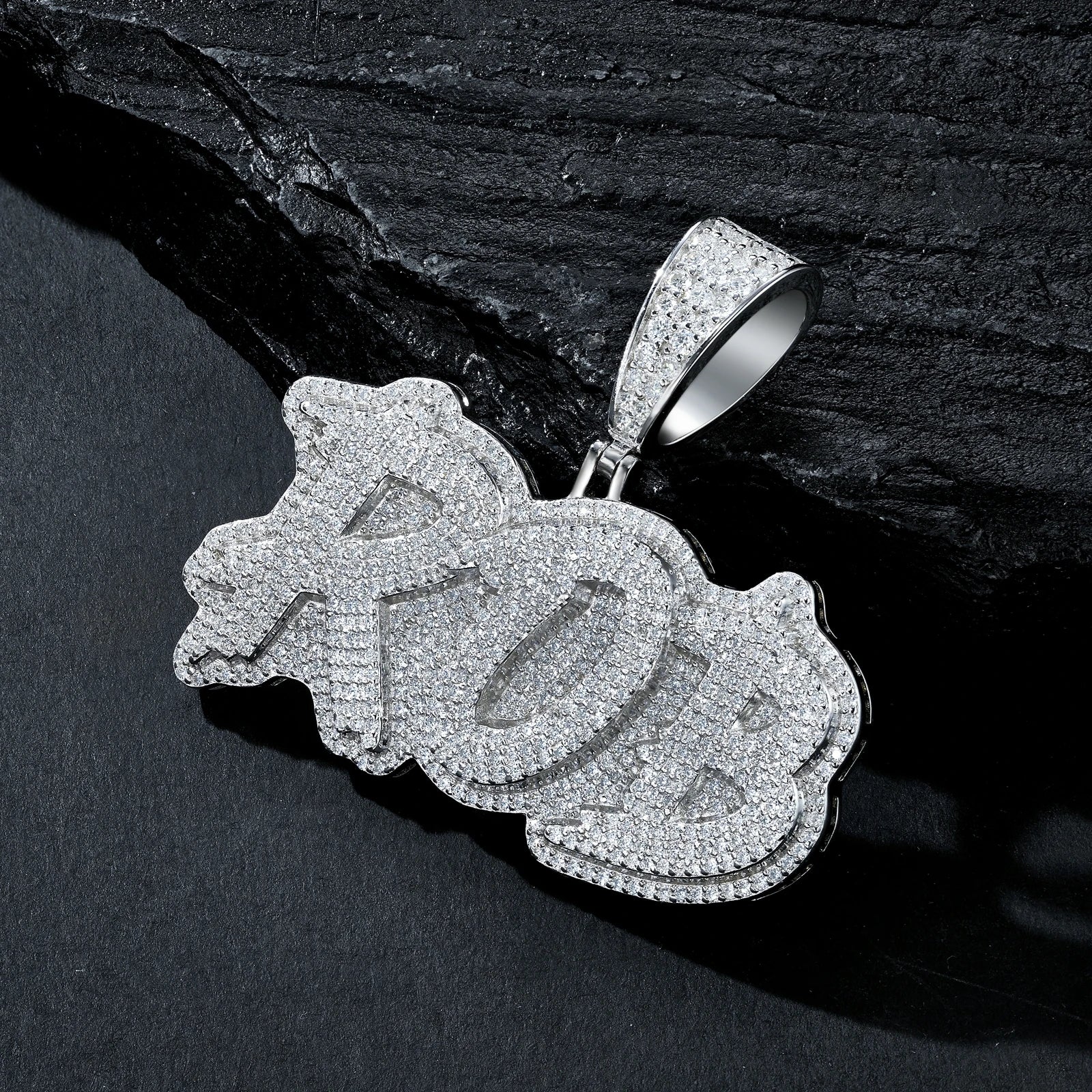925 Sterling Silver Iced-Out Lab-Grown ROB Custom Letter Pendant | Distressed Bubble Nameplate Hip-Hop Charm