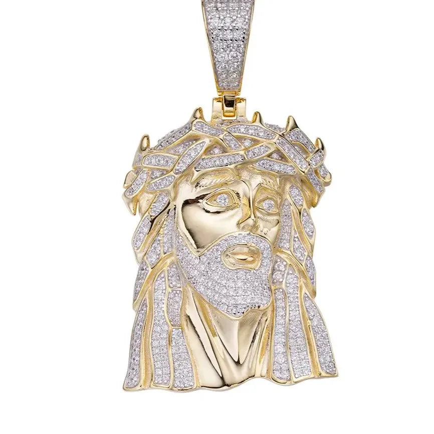 Solid 925 Sterling Silver Gold-Tone Iced-Out VVS Moissanite Jesus Piece Pendant | Micro-Pavé Hip-Hop Face Charm