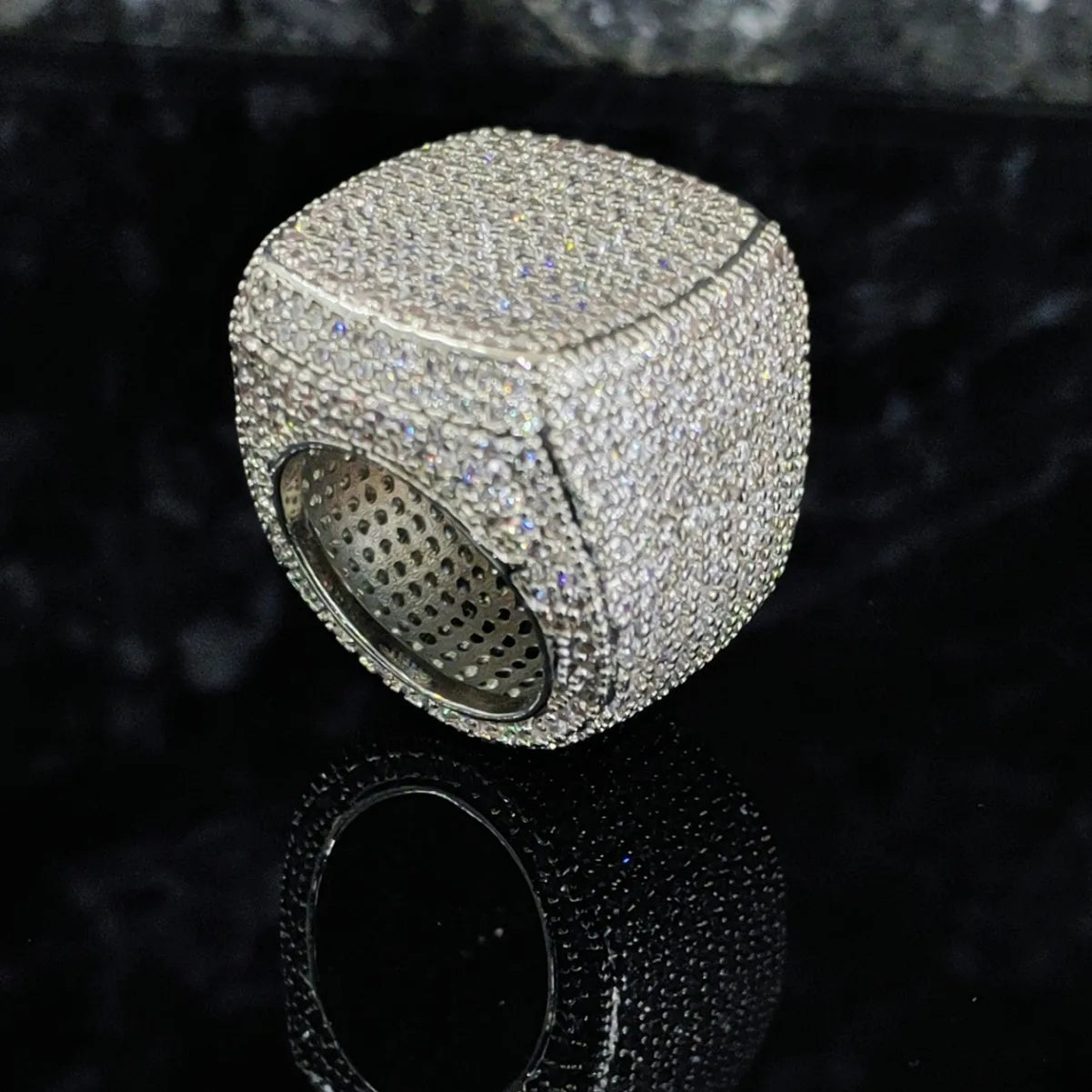 VVS Moissanite Iced Out Square Statement Ring 925 Sterling Silver Flooded Pave Band