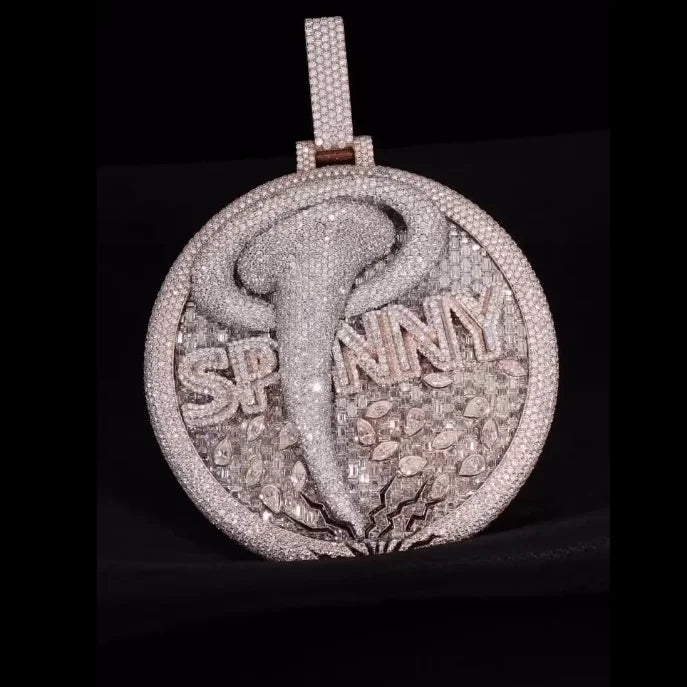 Solid 925 Sterling Silver Iced-Out VVS Moissanite Spinning Medallion Pendant | Custom Text Tornado Hip-Hop Charm