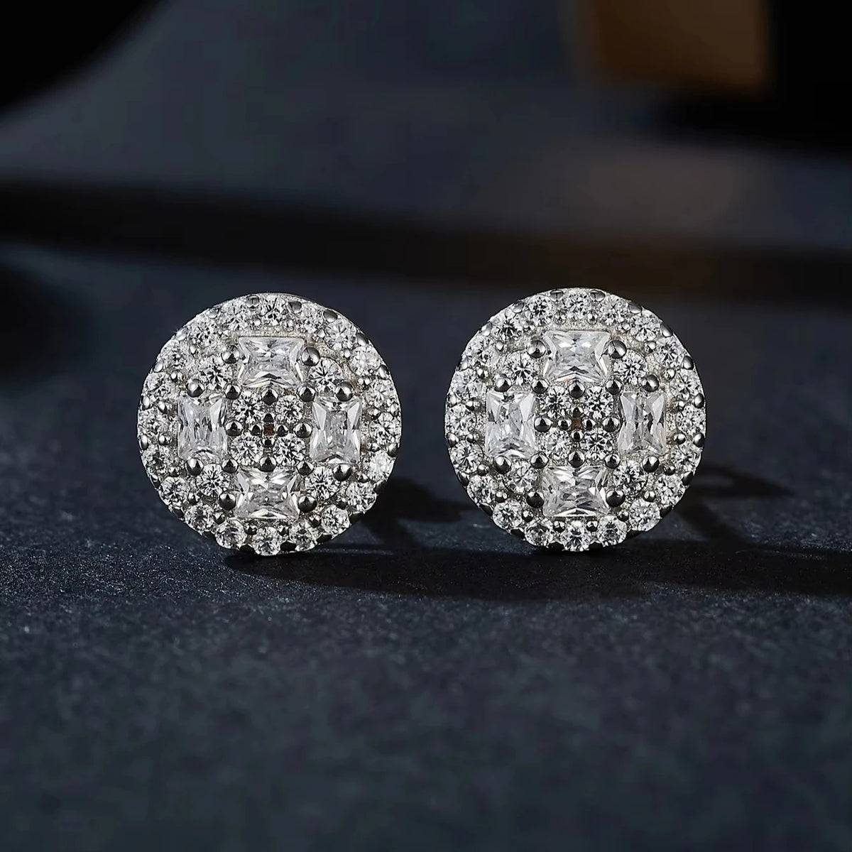 Iced Out Round Halo Cluster Stud Earrings 14K White Gold Lab Grown Diamonds Hip Hop