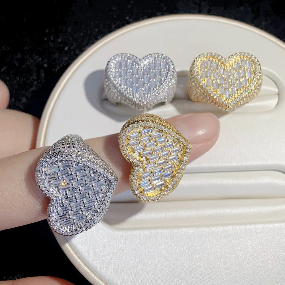 Luxury Moissanite Heart Pave Ring Collection 925 Sterling Silver Iced Out Baguette & Round Cut Statement Bands