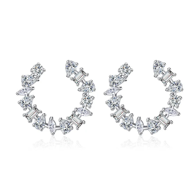 Elegant Multi-Cut Moissanite Crescent Hoop Earrings | 925 Sterling Silver Geometric Open Studs