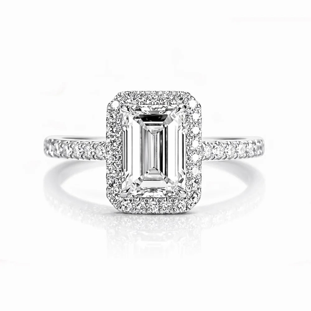 Premium Emerald-Cut Moissanite Halo Engagement Ring | 925 Sterling Silver Elegant Bridal Band