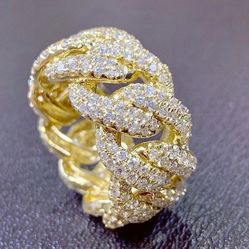 VVS Moissanite Cuban Link Ring 925 Sterling Silver Vermeil Iced Out Heavy Statement Band