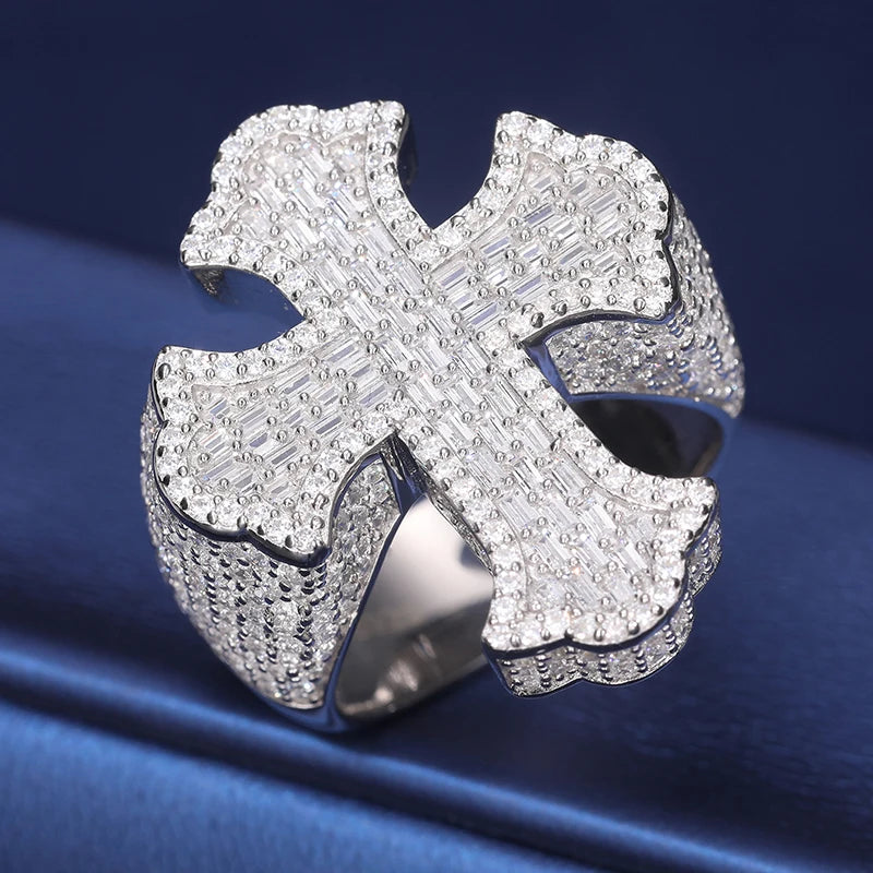 VVS Moissanite Cross Ring 925 Sterling Silver Iced Out Baguette & Round Cut Statement Band