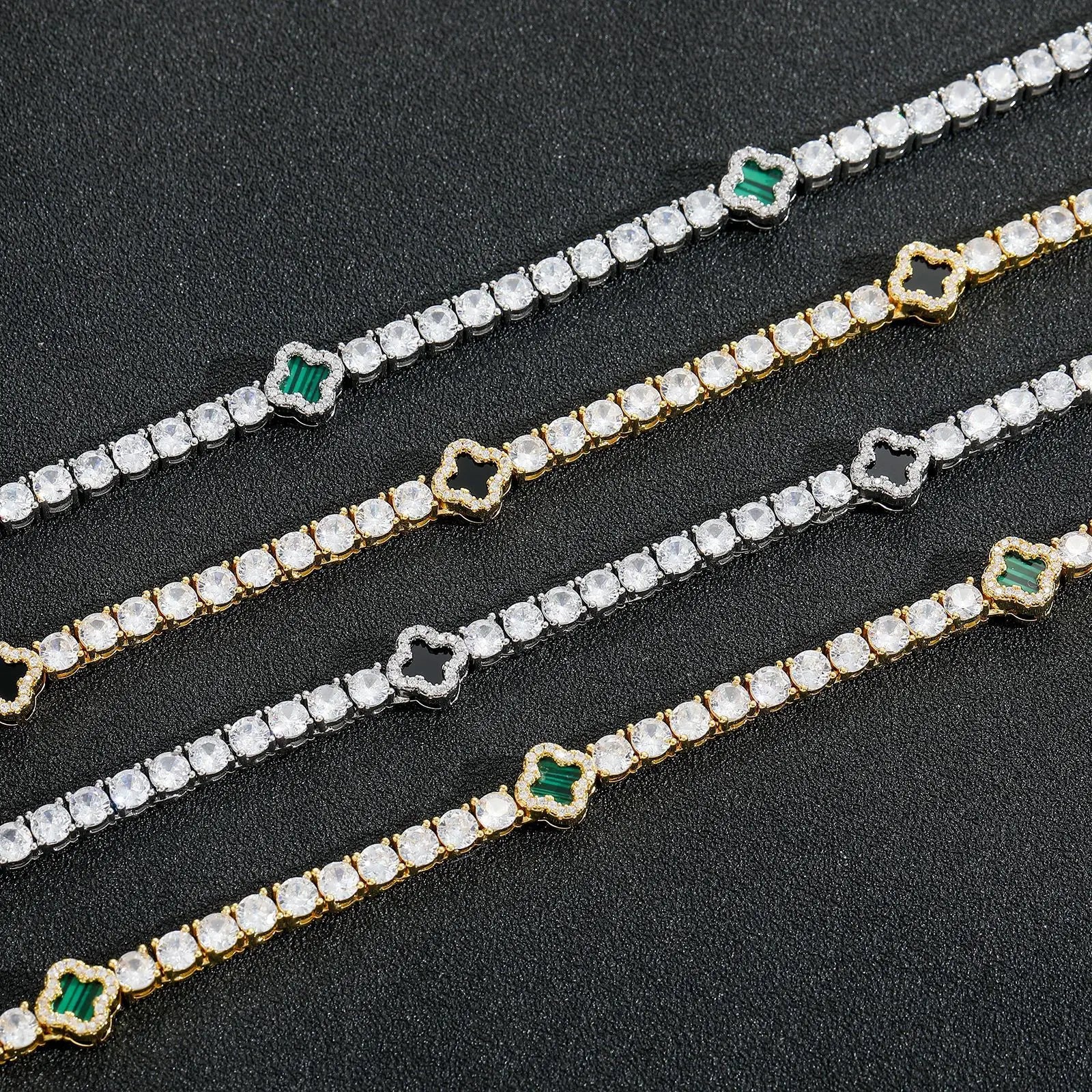 VVS Moissanite Clover Tennis Bracelet 925 Sterling Silver Iced Out Malachite Onyx Station Hip Hop Jewelry