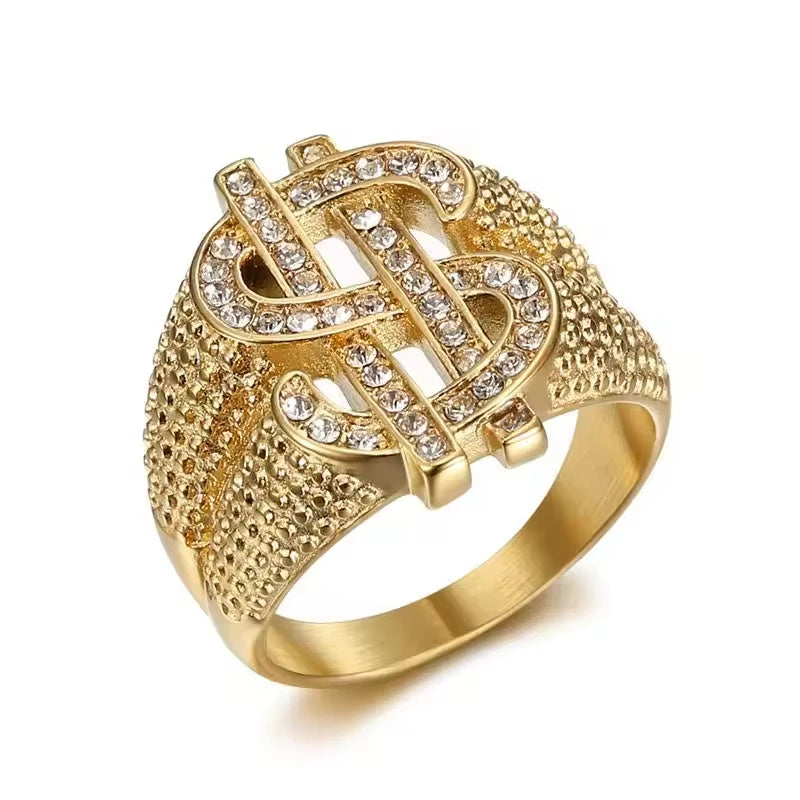VVS Moissanite Dollar Sign Iced Out Ring 925 Sterling Silver High-Clarity Statement Band Hip Hop Jewelry