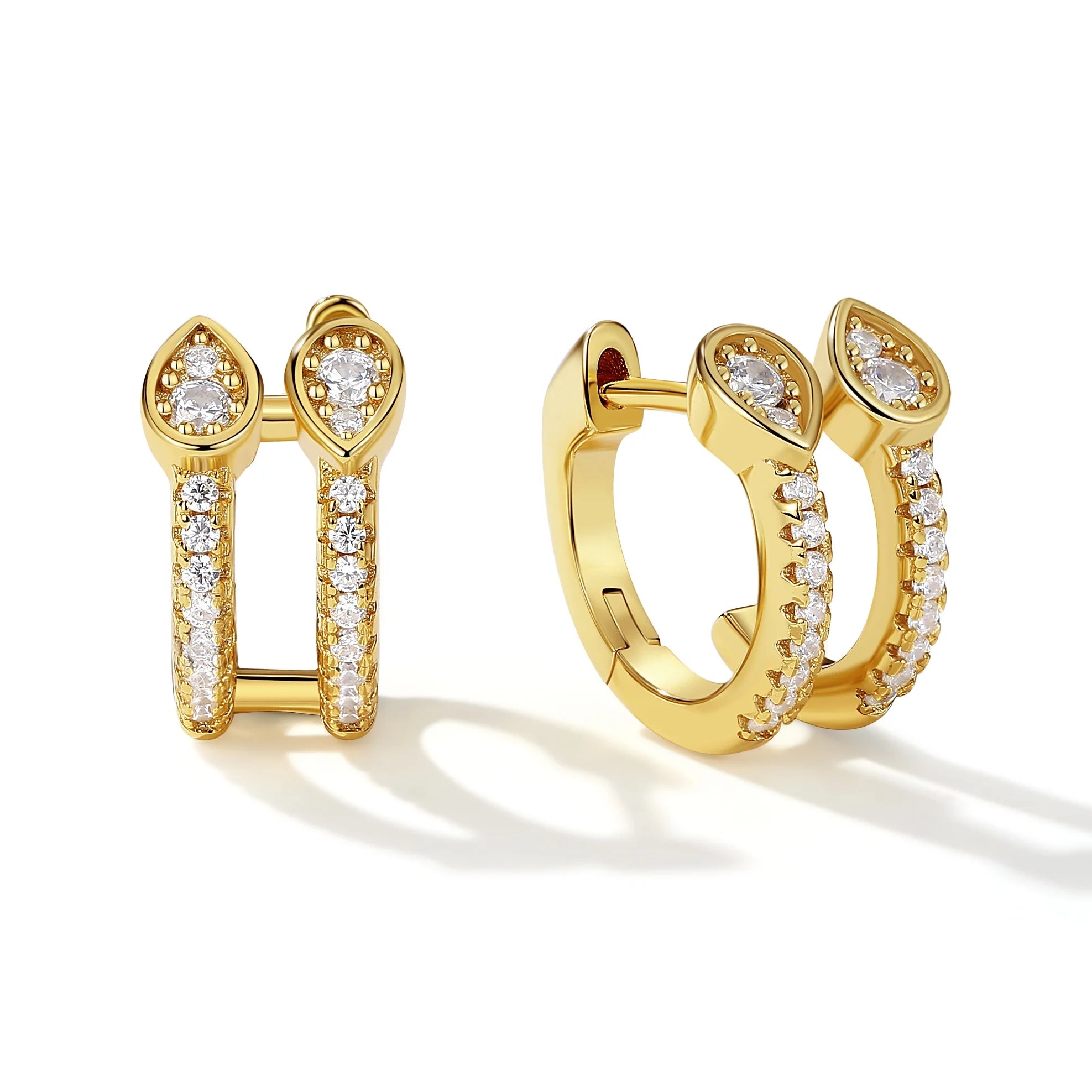 Iced Out Double Row Pear Illusion Huggie Hoop Earrings 14K Gold Lab Grown Diamonds Hip Hop Loops