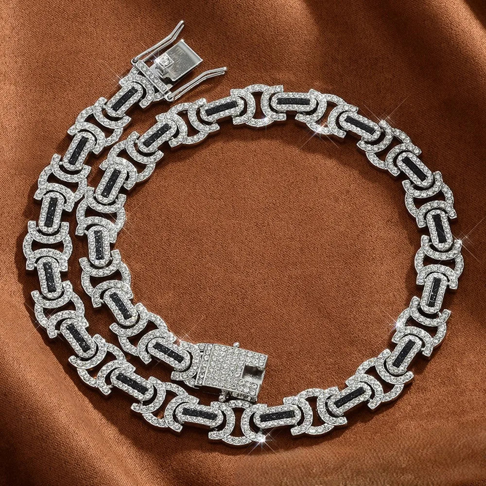 Iced Out Byzantine Link Chain Necklace VVS Moissanite 925 Sterling Silver Black Accents