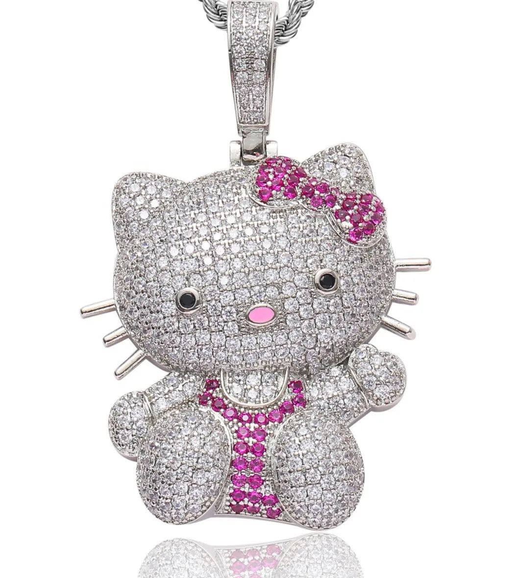 925 Sterling Silver Iced-Out VVS Moissanite Cartoon Cat Pendant | Colorful Hip-Hop Full Body Bow Charm