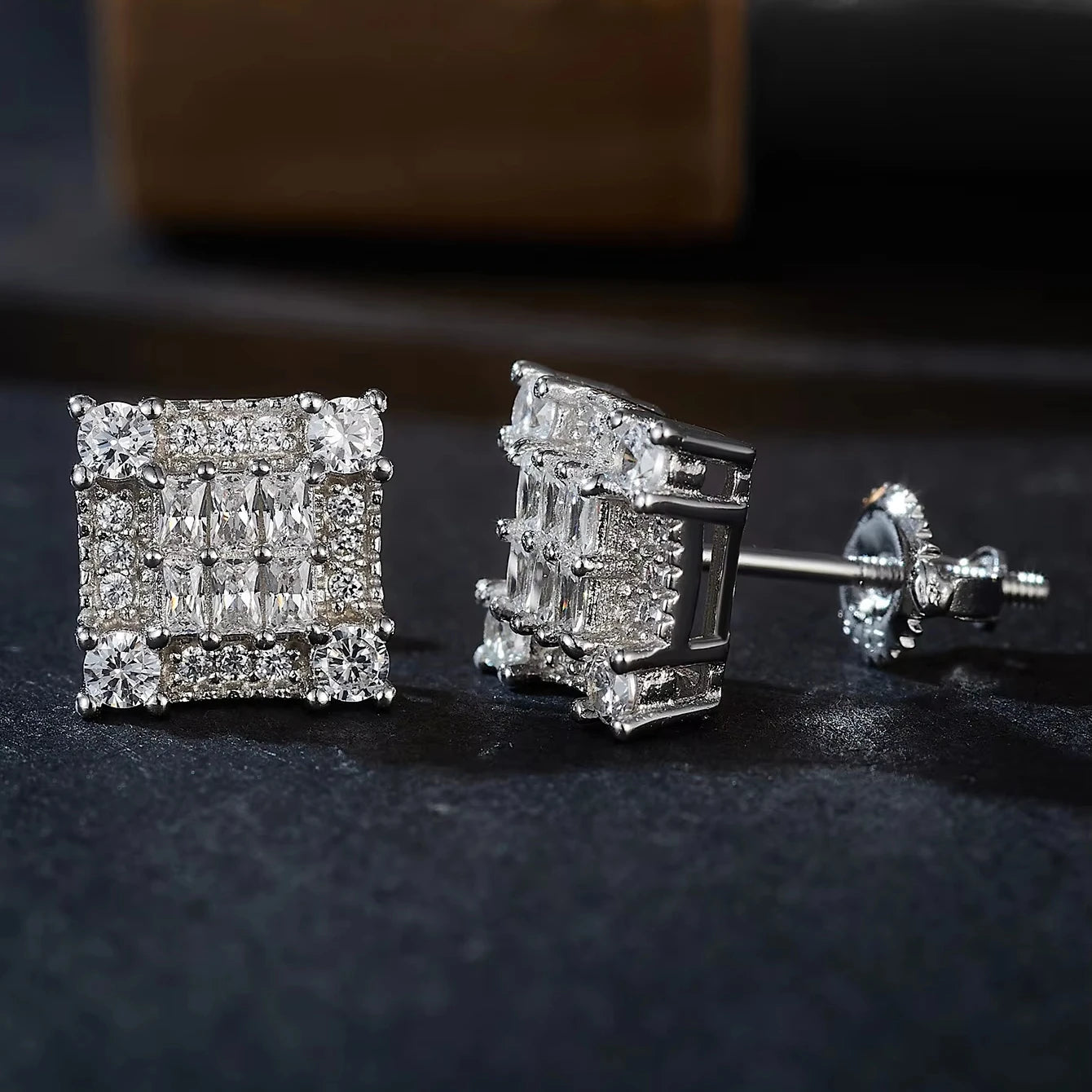 Luxurious Iced-Out Rectangular Baguette Moissanite Stud Earrings | 925 Sterling Silver Hip-Hop Bar Screw-Back Earrings