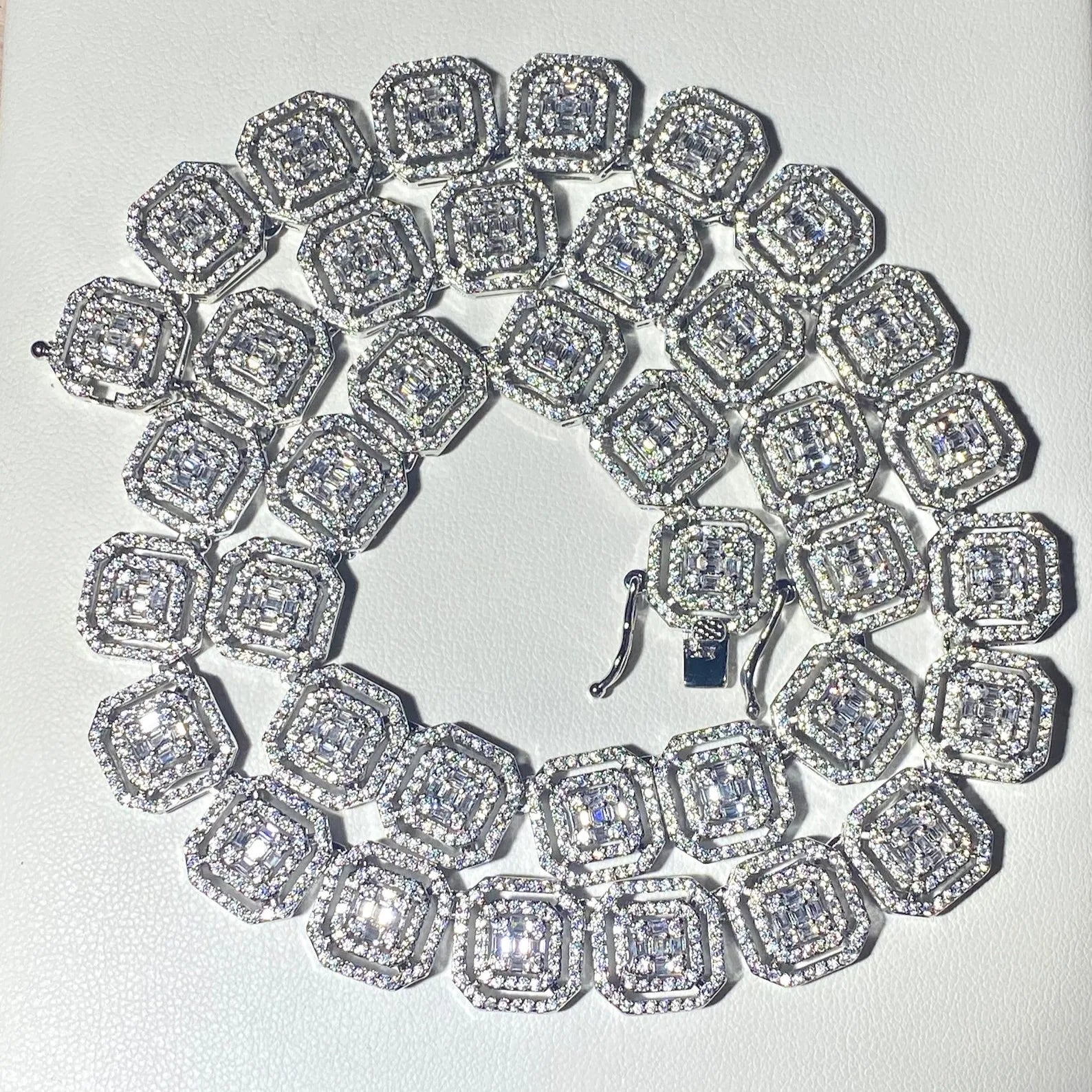 Iced Out Emerald Cut Cluster Link Chain Necklace VVS Moissanite 925 Sterling Silver