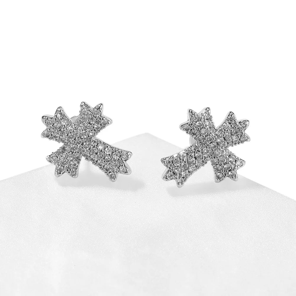 Iced Out Curved Cross Stud Earrings 14K White Gold Lab Grown Diamonds Hip Hop Micro Pave Clusters