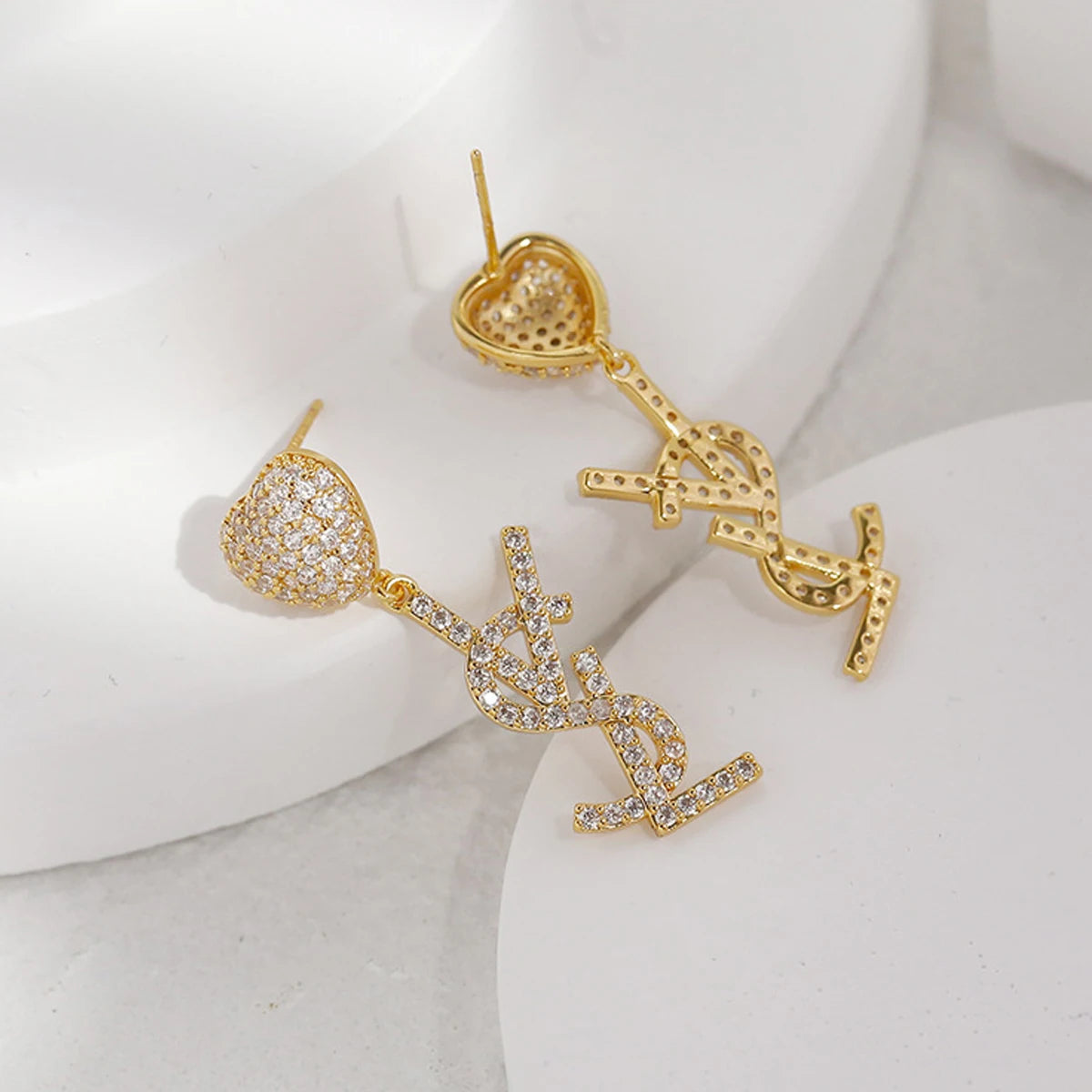 Luxurious Iced-Out Monogram Heart Drop Earrings | Sparkling Designer Initial Pavé Dangle Earrings